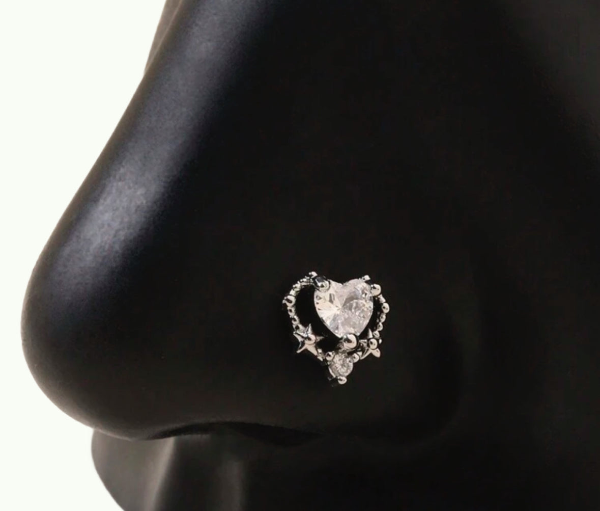 silver heart nose stud