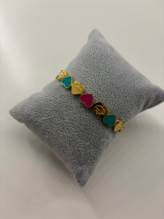 gold pink and green heart bangle